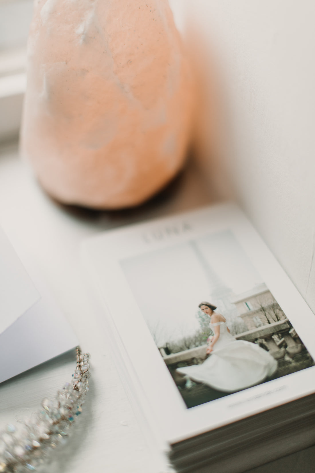 Salt rock Lamp with postcard and broach Luna Bride