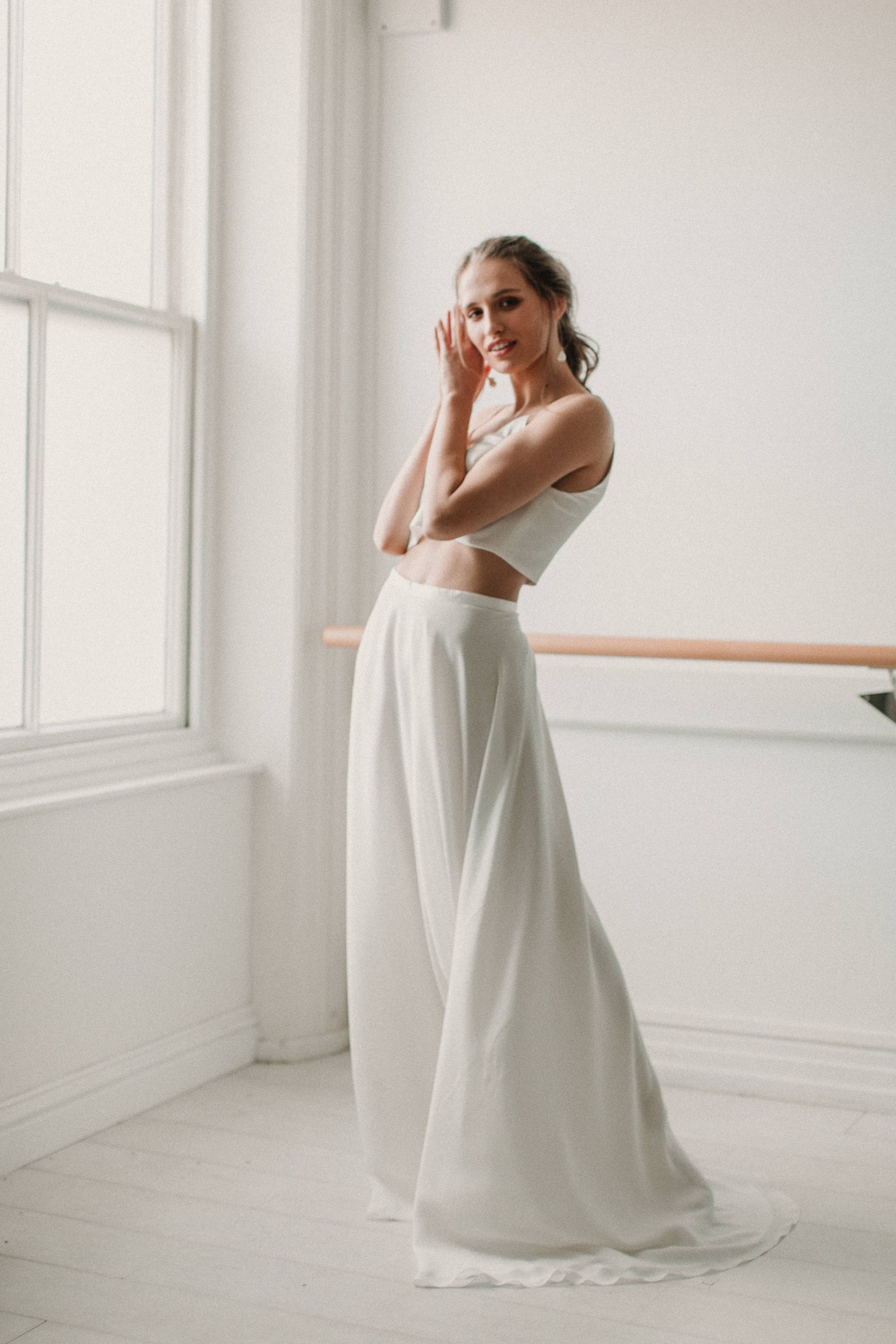 white dress for beach portraits Off-shoulder Crepe Gown with Half Moon Neckline and Tulle Train  Bazza  Alzouman
